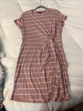 SHEIN Pink and White Striped Tie-Waist Mini Dress